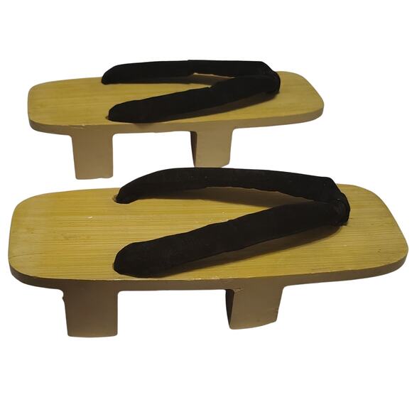 Vintage Traditional Geta Clogs Sandals Brown Wood Black Velvet Thongs Size 10.5 - Picture 6 of 10